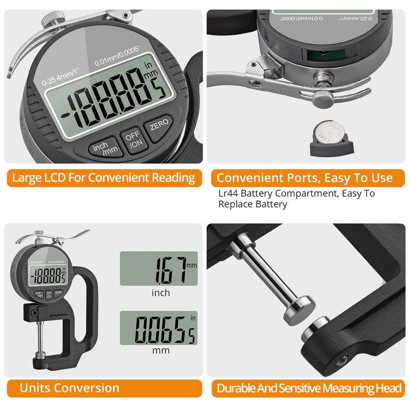 Neoteck Digital Thickness Gauge 1inch/25.4mm,0.0005inch/0.01mm LCD Display with Inch/MM Conversion