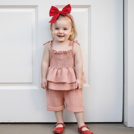 Kavousa Toddler Girl Summer Clothes Baby Girl Smocked Ruffle T Shirt Top Short Set Little Kids Girl Outfit Beach Essential (Solid Pink, 12-18 Months)