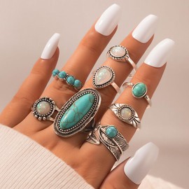 Rrdaily Retro Turquoise Knuckle Rings Set for Women Men Stackable Silver Chunky Gothic Oval Rings Pack Joint Finger Stacking Nail Ring Jewelry Gifts (B)