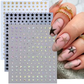 Star Nail Stickers 6Sheets Glitter Shiny Star Nail Art Supplies Black White Rose Gold Silver Nail Design Stickers Colorful Self-Adhesive Stars Nail Decals for Women Girl DIY French Manicure Decor Tips