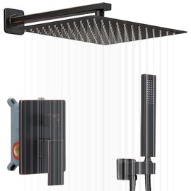 JingGang Oil Rubbed Bronze Shower System 12 Inch Bathroom Rain Mixer Shower Combo Set Wall Mounted Rainfall Shower Head and Handheld System Shower Faucet Set Rough-in Valve Body and Trim Included