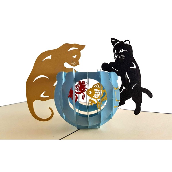iGifts And Cards Two Cute Cats With Fish Bowl 3D Pop Up Greeting Card - Playful, Furry, Lovable, Pussycat, Active, Meow, Kittens Half-Fold, Happy Birthday, Just Because, Thinking of You