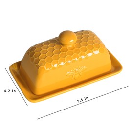 Bicuzat Ceramic Butter Dish with Lid Butter Keeper Butter Plate Tray for Kitchen Countertop Honeycomb and Bee Pattern Butter Crock Keeper Saver