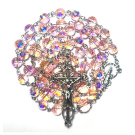 GeekTenet Rosary Beads Chaplet 96 sided cutting Highly refractive Artificial Crystal Glass Rosery Cross Catholic gifts (Pink)