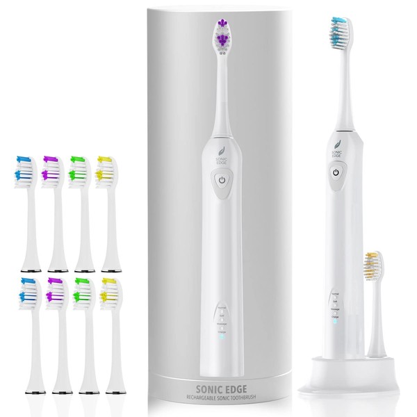 Acteh Sonic Electric Toothbrush, Sonic Edge Rechargeable Toothbrush w/ 3 Brushing Modes, 2min. auto-Timer, 30sec. Quad-Reminder and Long-Lasting, Extended Charge Battery (White)