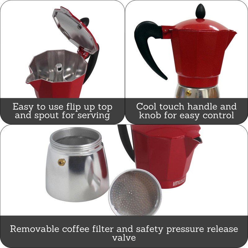 IMUSA USA Red Aluminum Stovetop 6-cup Classic Italian and Cuban