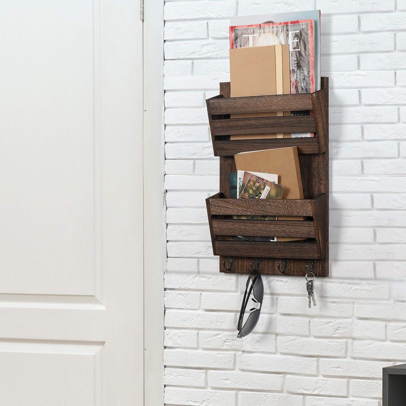 BTY Mail Holder for Wall, Wooden Mail Sorter with 4