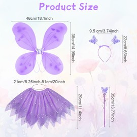 AYBUY Fairy Wings Kids Costume, Fairy Butterfly Wings with Glitter Tutu, Magic Wand and Headband, Purple Fairy Princess Skirt Set, Fairy Dressing up Costume for Girls