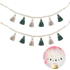 Pack of 2 Basicon Boho Tassel Garland, 10 x 90 cm Boho Macrame Tassels, Tassel Garland, with Wooden Beads, for Living Room, Bedroom, Wedding Party Decoration, Boho Home Decoration, Green/White