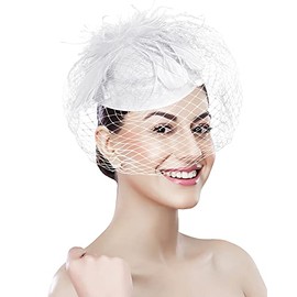 White Pillbox Hat 20s 50s Vintage Fascinators for Women with Feather Mesh Veil Headband Bridal Wedding Tea Party