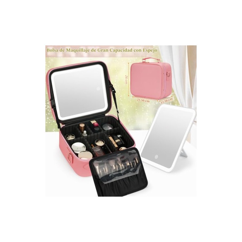 Bolsa de maquillaje de viaje con espejo iluminado, estuche de