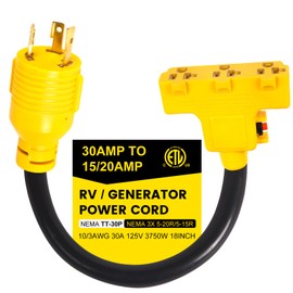 CORDMITPRO Overload Protector 30 Amp to 110 Adapter Generator Power Cord, Shore Power 30 Amp to 15 Amp/20 Amp Adapter, Marine NEMA L5-30P to 3X 5-15R/5-20R RV Generator Adapter, 1.5FT