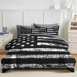 Nesker 7 Pcs Comforter Set Queen Size, Black White USA American Flag Bedding Set for Kids and Adults, Vintage Stars Stripes Flags Boys Sheets Bed Sheet Sets with Fitted Sheet 2 Pillowcases & 2 Shams