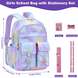 Aedcbaide School Bags for Girls with Stationery Set, Refrigerator Door Kids Backpack Rucksack for Primary School, Lightweight Pink School Bag for 8-10 Years Old (Girls, Purple)