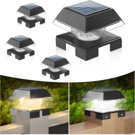 Sumaote Solar Post Cap Lights for 4x4 Wood & Vinyl Fence, Adjustable Base - 2-Color Modes 3000K/6000K, IP65 Waterproof 120 Lumens Dusk to Dawn Outdoor Deck Lighting, 4 Pack Black