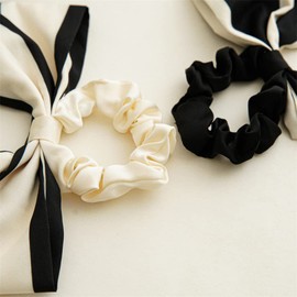 2Pcs Black Beige Chiffon Hair Scrunchies with Ribbon Bows and Short Ponytail Holders for Women Girls (black/beige)