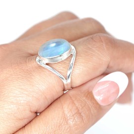 Jeweloporium 925 Sterling Silver Ring for Women White Genuine Rainbow Moonstone Stone Fashion Silver Ring Size U Valentine's Day Gift Boho Jewelry