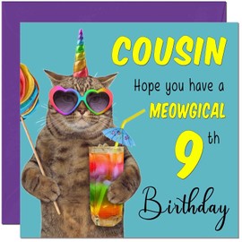 9th Cousin Birthday Card - Meowgical Cat Funny Birthday Card for 9 Year old Kids Nine, Ninth