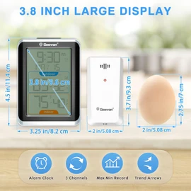 Geevon Wireless Indoor/Outdoor Thermometer & Hygrometer, Digital Temperature & Humidity Sensor with Time, Clock, 200ft/60m Range, 3.8‘’ Large Display