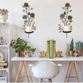 JUCONSIN Wall Sconces Candle Holder Set of 2, Antique Leaf Branch Wall Mount Hanging Metal Wall Candle Holder Candle Sconce for Living Room Dining Room