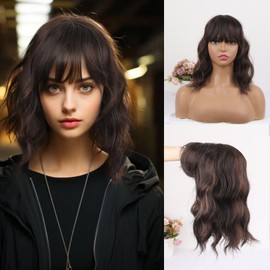 CINHOO Curly Wavy Hair Topper with Bangs Hair Clip in Bob Toppers Hair Pieces for Women Synthetic Short Hair Toppers for Women with Thinning Hair 360° 3D Ombre Brown Wigs Topper for Women(2/30#)