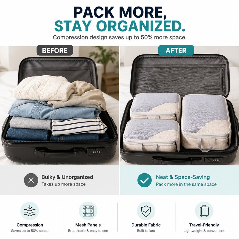 Compression Packing Cubes for Travel, 3-Piece Expandable Luggage Organizer Set,