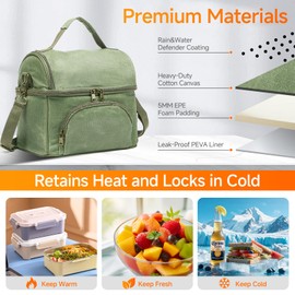 neatlife Waxed Canvas Lunch Bag for Men, Small Soft Cooler Bags Insulated with 2 Ice packs, Women Lunch Bags for Work, 10.5L 2 Compartments Leakproof Lunchbox for Work, Camping, Beach and Road Trips