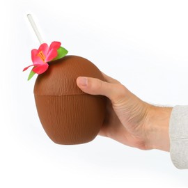 Coconut Cup with Straw - Pack of 6 Brown Coconut Cups with Attached Red Flower and Paper Straw - Summer Tropical Beach Party Cup