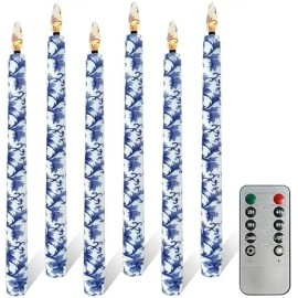 6pcs 9.5 Inch Starry Sky LED Taper Candles Battery Operated 11-Key Remote Timer 3D Flickering Flame Lights Flamelesscolor: Blue and white, size: 9.5 inch