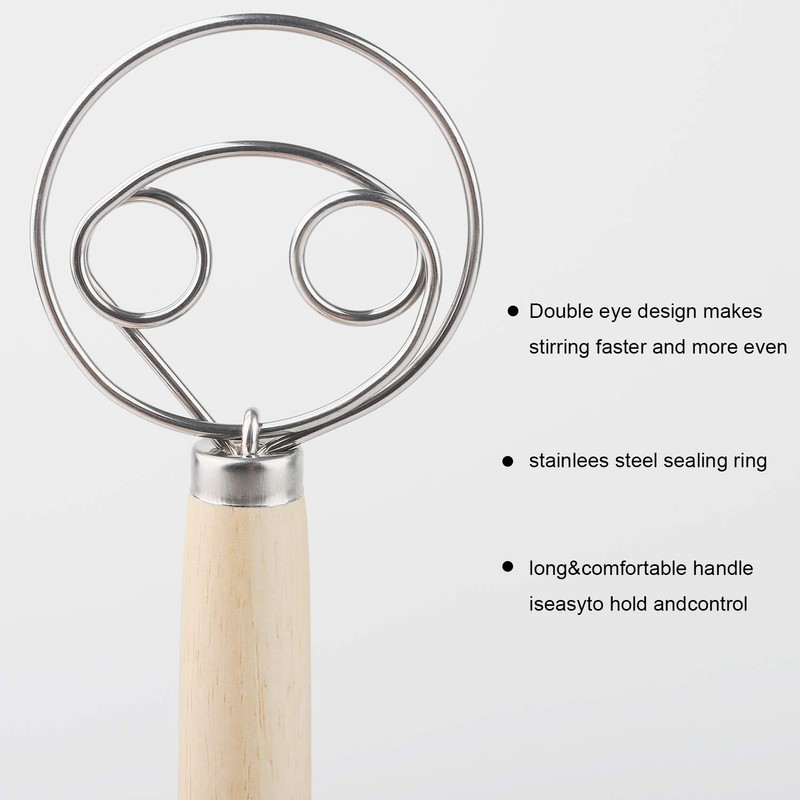 Danish Dough Whisk Stainless Steel Bread Dough Hand Mixer Wooden