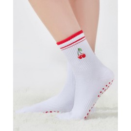 EUDOLAH Cute Yoga Socks for Women Pilates Barre Breathable Non-Slip Crew Grip Sock With Stripes Anti-friction Athletic Socks 1 pack White