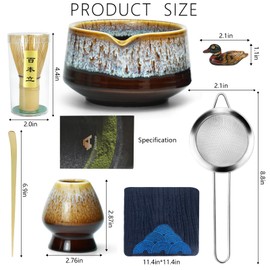 Artcome Matcha Tool Set - Complete Kit with Matcha Bowl with Spout, Bamboo Whisk, Tea Scoop, Whisk Holder, Scoop Holder, Tea Cloth & Powder Strainer, Golden Glaz