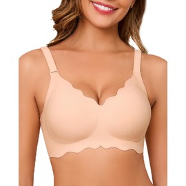 Guhaha Seamless Bras for Women No Underwire Push Up Bra Full Coverage V-Neck Wirefree Bralettes Soft T-Shirt Bra Everyday Bra Nude