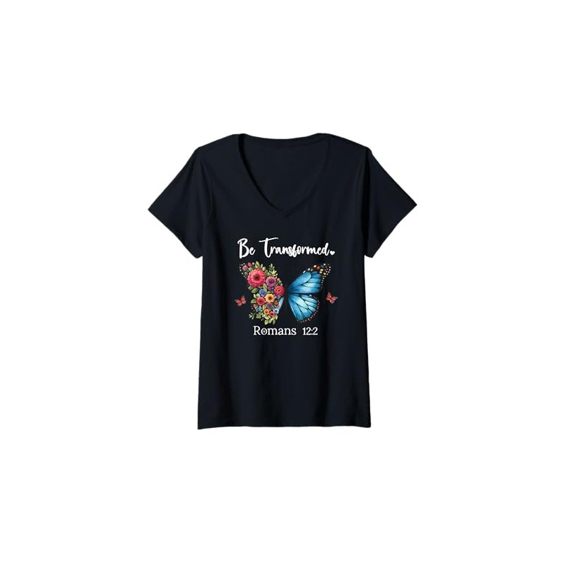 Womens Be Transformed Romans 12:2 Butterfly Christian Bible Verse V-Neck