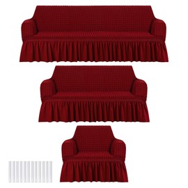 Fanfanwin 3 Pcs Sofa Slipcover Set for Couch Cushion Durable Washable High Elastic Stretchable Furniture Couch Covers with Skirt for Sofa Loveseat Arm Chair(Burgundy,Seersucker)