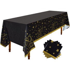 Gatherfun 80th Birthday Disposable Tablecloth 4 Pack Gold and Black Waterproof Plastic Table Cover for Men Woman 80 Birthday Party Decorations