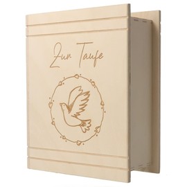 Spruchreif Wooden money box book with engraving for christening, dove motif, money box for boys and girls, christening gift