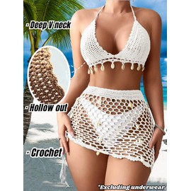EHSUYAB - Conjunto de falda sexy de dos piezas para mujer, con concha sin espalda, estilo bohemio, crochet, traje de baño para verano, playa, día festivo, Negro, M