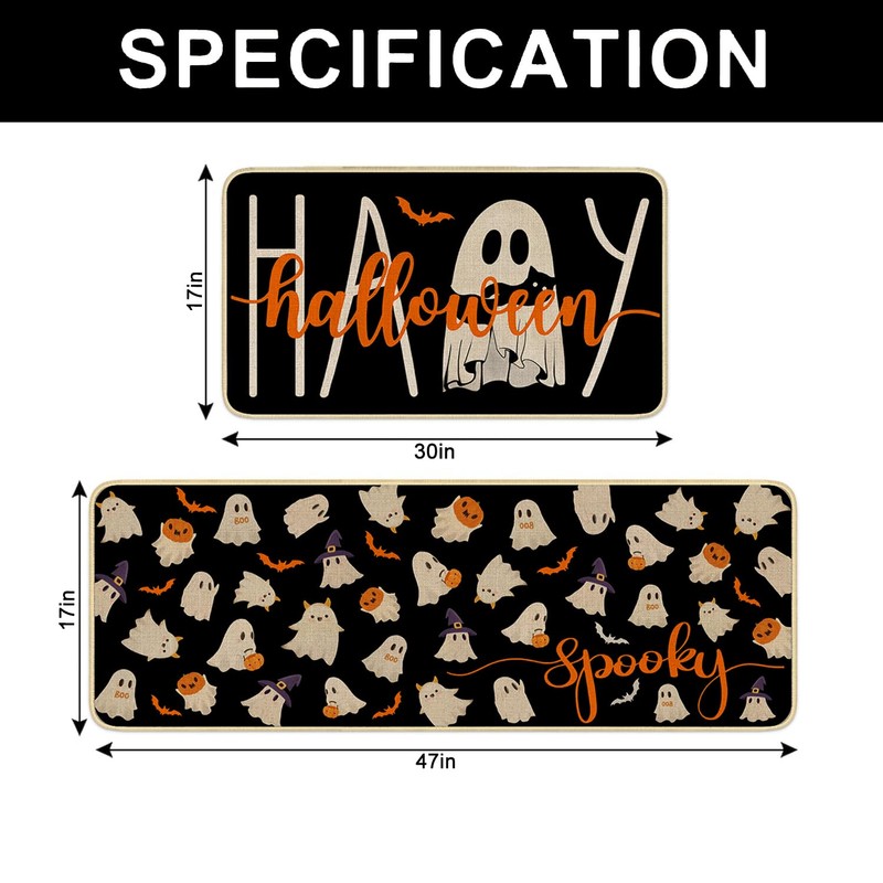 xuujdoppwul Happy Halloween Kitchen Rugs Set of 2,Spooky Ghost Kitchen