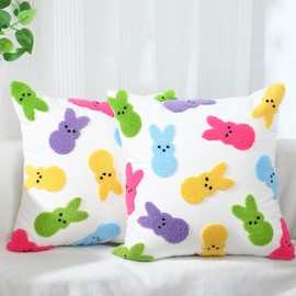 Easter Pillow Covers 18 x 18 Inch Cute Easter Bunny Pillow Cases 3D Embroidered Rabbit Cushion Cover Colorful Easter Decorative Throw Pillow Case for Home Couch Sofa Bed Easter Holiday Decor, Set of 2
