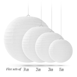 Jangostor 20 PCS White Round Paper Lanterns with Wire Ribbing, Different Sized Lampshades for Weddings, Birthdays,Parties, Rooms and Events - Assorted Sizes of 15, 20, 25, 30 cm