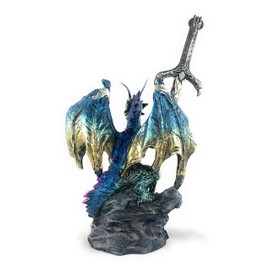 Ain’t It Nice Dragon Statue with Medieval Dragon Sword and Crystal Ball Collectible Dragon Figurine Fantasy Medieval Dragon Décor, Blue & Gold Colored 4(L) 2(W) 7(H) inches