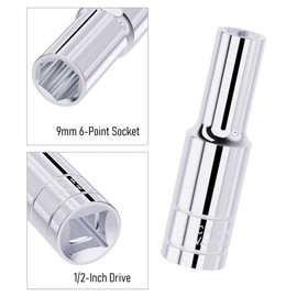 FOCMKEAS 9mm Deep Socket, 1/2 Inch Drive, 6-Point, Metric, Heat Treated CR-V Steel Sockets, Full Polishing, 3.1 Inch Length