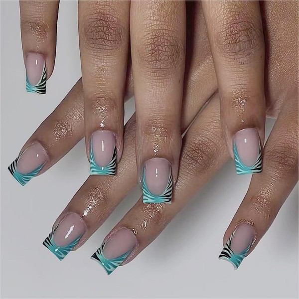 Blue Leopard Print Press on Nails French Tip Fake Nails