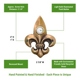 Waterwood Solid Brass Small Fleur De Lis Doorbell in Antique Finish - Wired & Illuminated Push Button from Environmentally Friendly Recycled Material