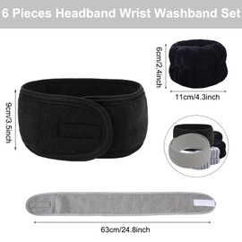 KEYRI 6 Pieces Spa Headband Wrist Washband Set, Makeup Headbands for Women Facial Headband Soft Stretch Magic Sticker Skincare Headband for Face Washing Skincare Shower Sports Yoga(Black+Gray)