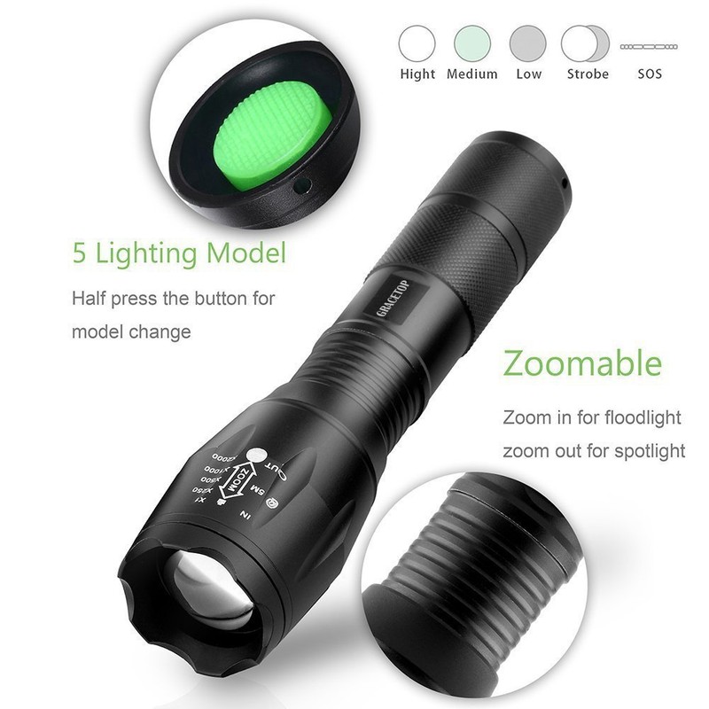 Gracetop LED Tactical Flashlight T6 Adjustable Light Lamp with 5
