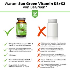 BeGreen Sun Green Vitamin D3-K2 Magnesium Omega-3 Capsules High Dose 3,000 IU Vitamin D3 and 150 µg Vitamin K2 per Capsule 100% Vegan without Additives Pack of 60 Made in Germany