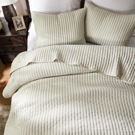 WDCOZY Beige Cross Stitch King Size Quilt Set, Netural Striped Lightweight Soft Bedspread, Channel Farmhouse Rustic Coverlet, All Season Country Bedding, Thin Comforter