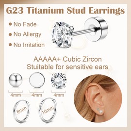 KRFY 5 Pairs G23 Titanium Earrings for Sensitive Ears Dot Ball Cubic Zirconia 20G Pure Titanium Hypoallergenic Stud and Hoop Earrings Set for Multiple Piercing Cartilage Flat Back Earrings for Women